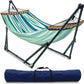 Tranquillo Sturdy Steel Hammock with Stand Premium Cotton Canvas Hammock, 600 lbs Capacity Hammock Stand Folding, Portable 30-Second Fold Unfold for Camping, (Canvas - Blue Leaf)