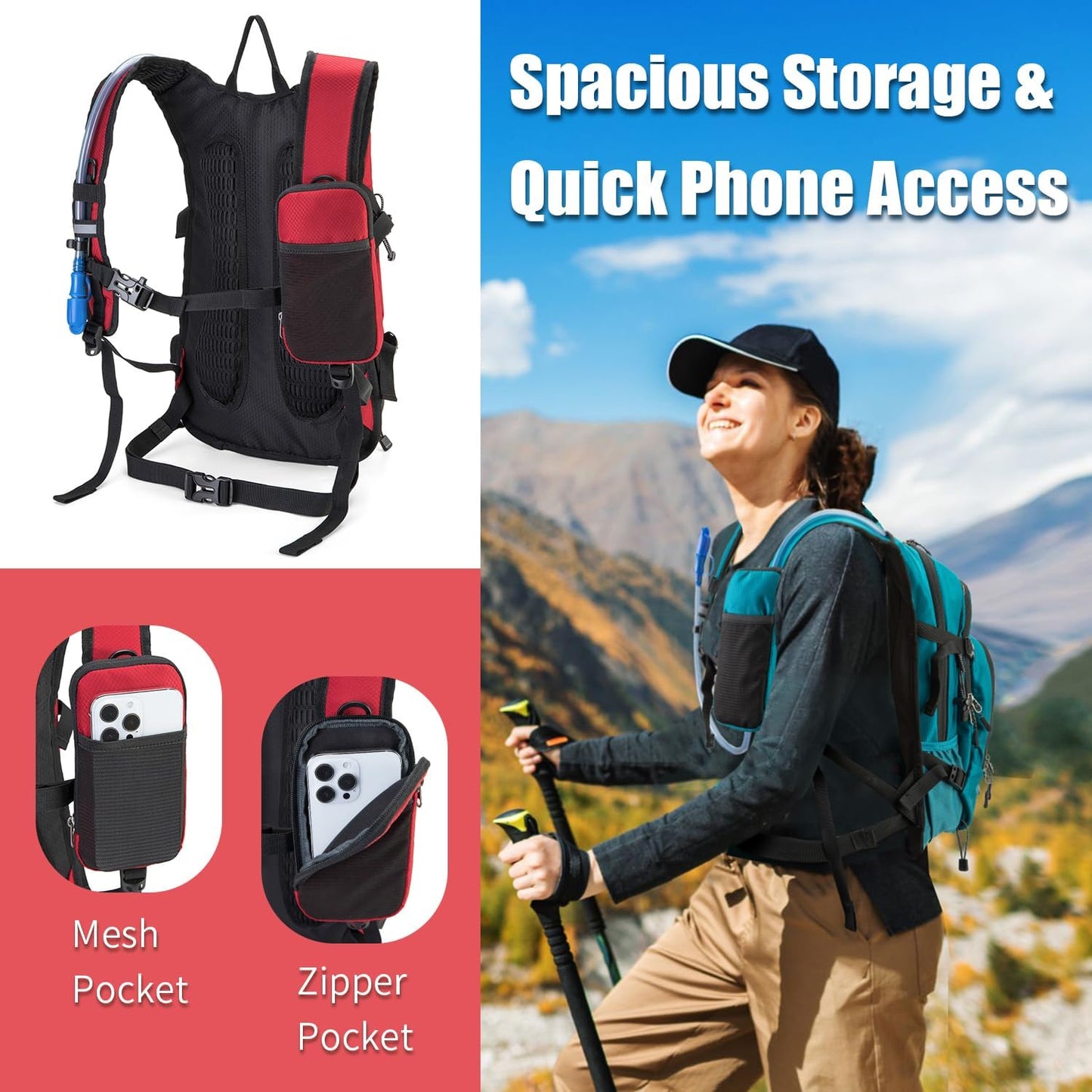 Hydration Backpack Pack with 2L Water Bladder 18L Hiking Backpack Women Men Lightweight Hydropack Insulated Daypack for Biking, Running, Festival - Roamly