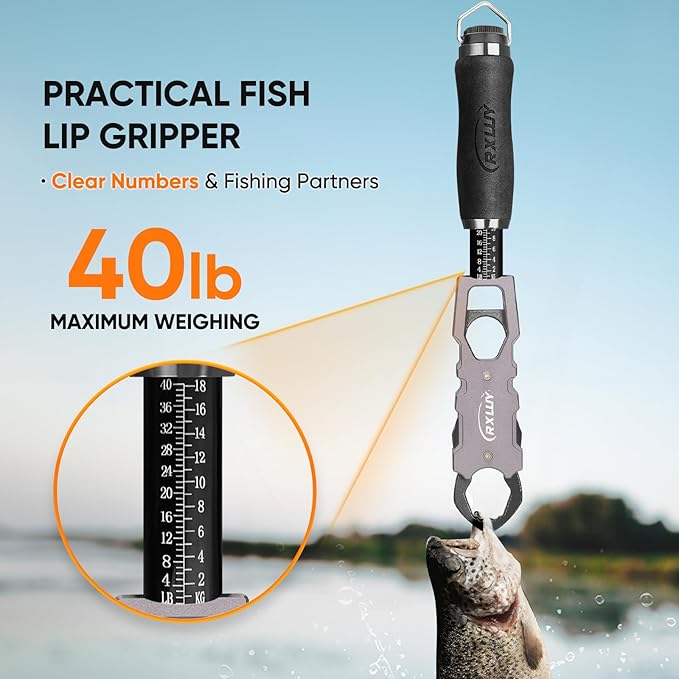 11.5" Fish Lip Gripper with Scale, Max 40lbs Scale, 360° Swivel Non-Slip Handle, Fish Grabber Control Tool for Safe, Hook Removal, Easy Catch & Release, Fishing Gifts for Men Women