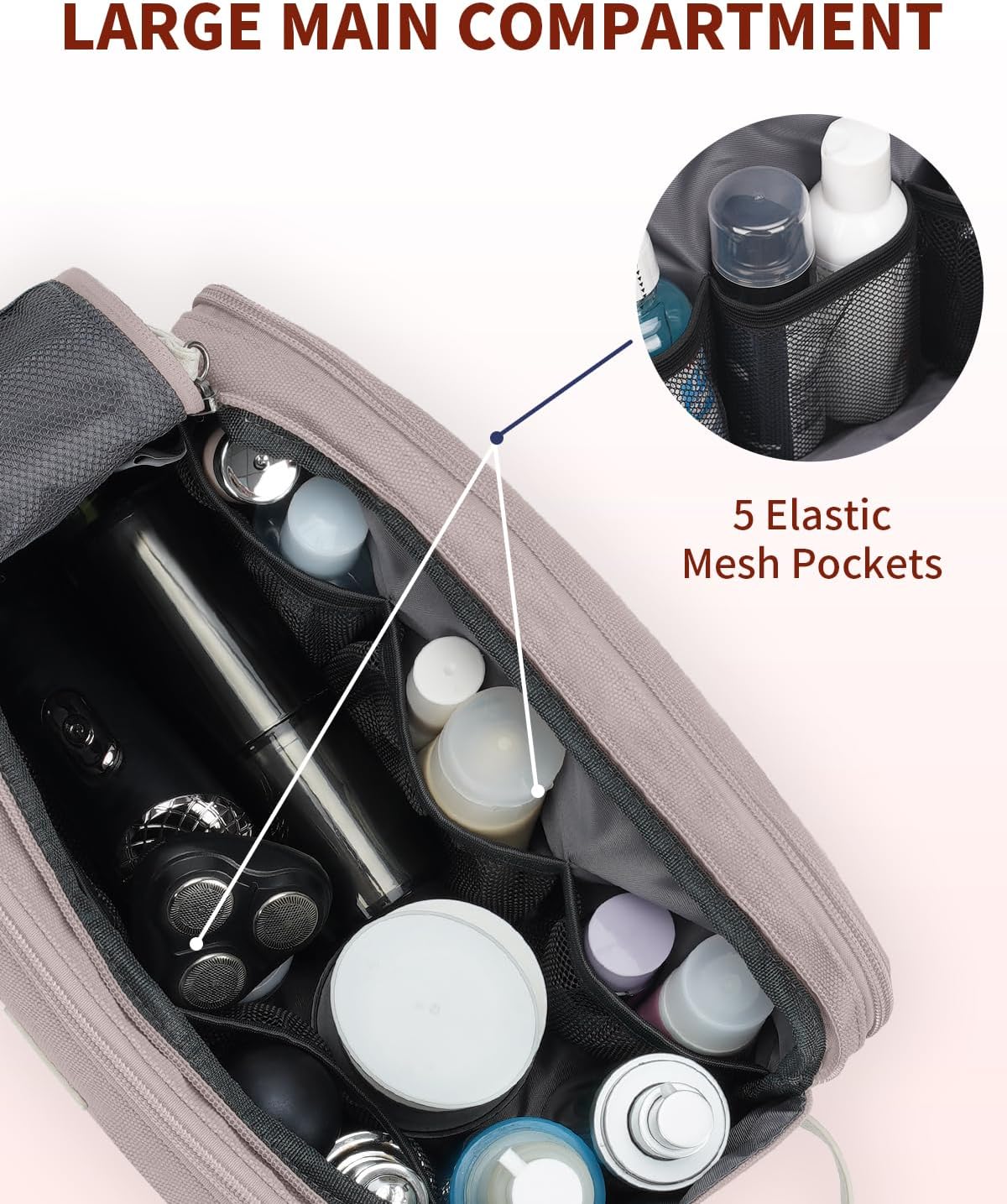 WANDF Toiletry Bag for Men Travel Toiletry Organizer Canvas and Leather Dopp Kit Water-Resistant Shaving Bag for Travel Accessories (Light Pink, Large) - Roamly
