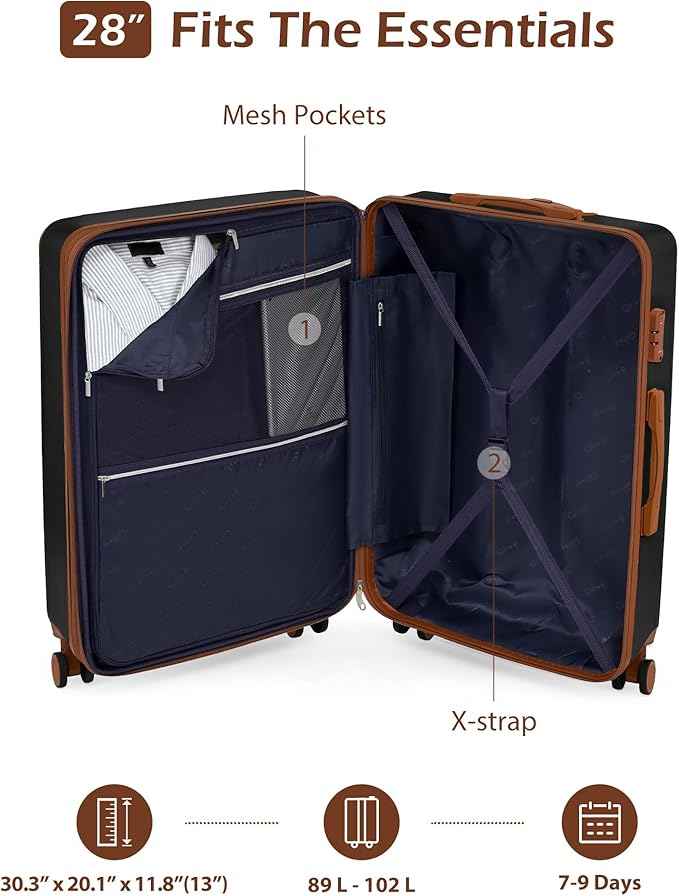 Coolife Luggage, Suitcase with Durable and Lightweight, Large Checked Luggage with ABS Hardshell Expandable, Dual Spinner Wheels, TSA Lock, and YKK Zipper (apricot black, L(28in))