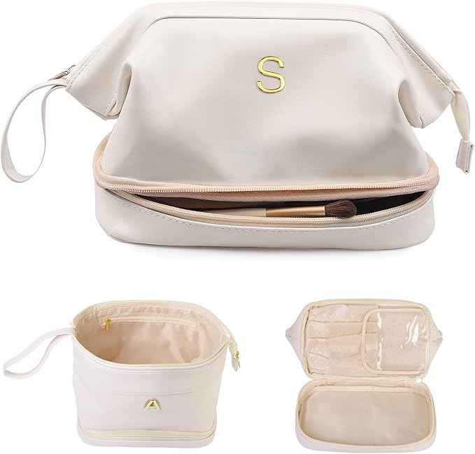 Personalized Gifts, Initial Makeup Bag, Personalized Double Layer Cosmetic Bag with Makeup Brush Organizer, Large Capacity PU Leather Travel Toiletry Bag Bride Gifts, Bridal Party Gifts