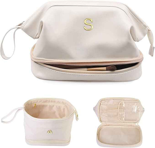 Personalized Gifts, Initial Makeup Bag, Personalized Double Layer Cosmetic Bag with Makeup Brush Organizer, Large Capacity PU Leather Travel Toiletry Bag Bride Gifts, Bridal Party Gifts