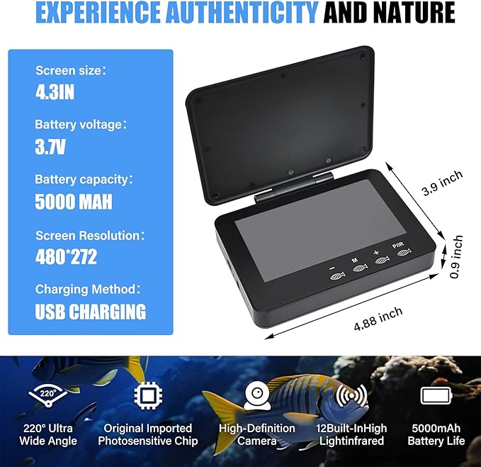Fish Finder Depth Finder, 4.3 Inch Underwater Fishing Camera Portable Fishfinder with 480 * 272 HD Display, 100FT/Waterproof IP68, for Kayak/Boat/Ice Fishing, Includes Transducer & Mounting Kit