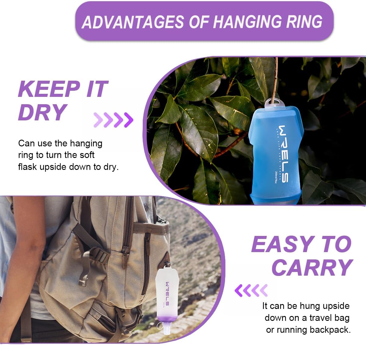 200ml/350ml/500ml Collapsible Soft Flask,BPA Free Folding Soft Water Bottle with Hanging Ring,Lightweight TPU Hydration Flask for Running Marathon Cycling Hiking