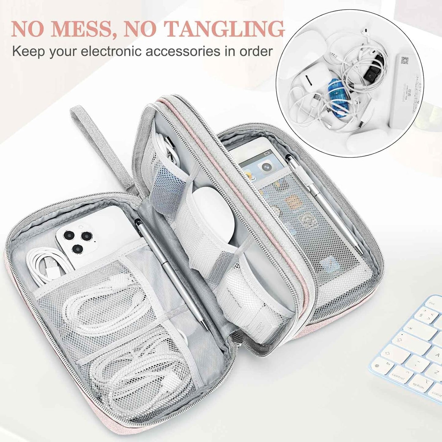 FYY Electronic Organizer, Large Travel Cable Organizer Bag Pouch Electronic Accessories Carry Case Portable Waterproof Double Layers All-in-One Storage Bag for Cable, Cord, Charger, Phone, Light Pink
