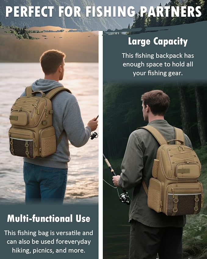 HAMBOLY Fishing Backpack with Tackle Boxes, 50L Fishing Tackle Bag with Cooler & Rod Holders, Waterproof Tackle Bag for Men