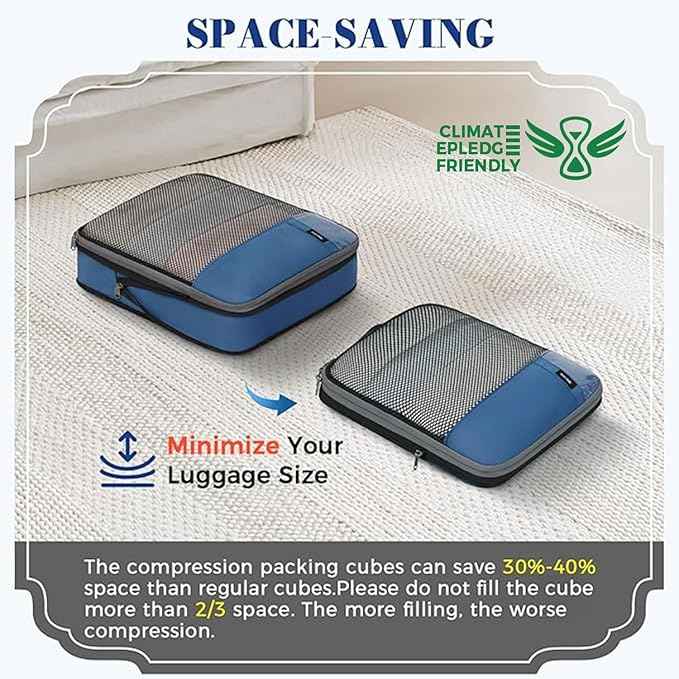 BAGAIL 4 Set/6 Set/8 Set Compression Packing Cubes Travel Accessories Expandable Packing Organizers(HalfMesh,8-Navy)
