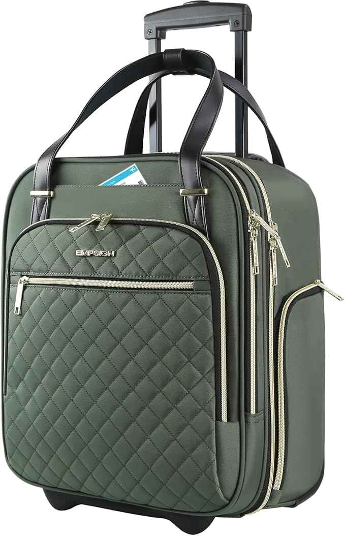 EMPSIGN Underseat Carry On Wheeled - 16" Carry on Bag with Wheels Multi-functional Lightweight Rolling Bag Overnight Weekender Small Suitcase for Women Men Travel Business, Army Green-Gold Zipper