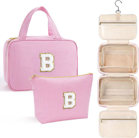 YOOLIFE Hanging Toiletry Bag for Women - Portable Makeup and Travel Bag, Cruise Ship Essentials - Letter B, Pink