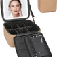 Relavel Makeup Bag with Light Up Mirror, Makeup Case Travel Cosmetic Bags Brush Organizer Storage Box, Rechargeable Vanity Mirror with 3 Color Lights, High Frame Mirror Protection (Brown)