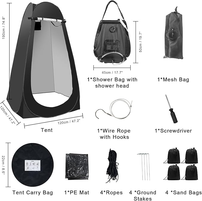 Portable Camping Privacy Tent, Outdoor Shower Tent Kit with 5 Gallon Shower Bag-(Nozzle Upgraded)