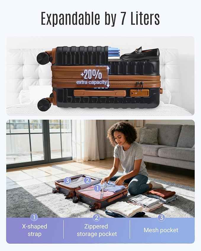 LIGHT FLIGHT Luggage Sets, Carry On Luggage 22x14x9 Airline Approved, Carry On Travel Bag Suitcases with Wheels, Expandable Hardside Lightweight Rolling with TSA Lock 2-Piece Set (DB/20),Black/Brown
