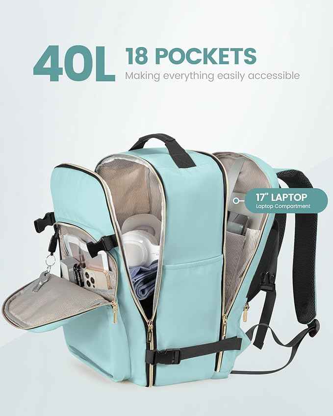 LOVEVOOK Travel Backpack for Women & Men 40L,Airline Approved Carry On Backpack Travel Essentials,TSA Carry on Luggage,Waterproof Personal Item Travel Bag,Suitcase with 3 Packing Cube,Mint green-Black
