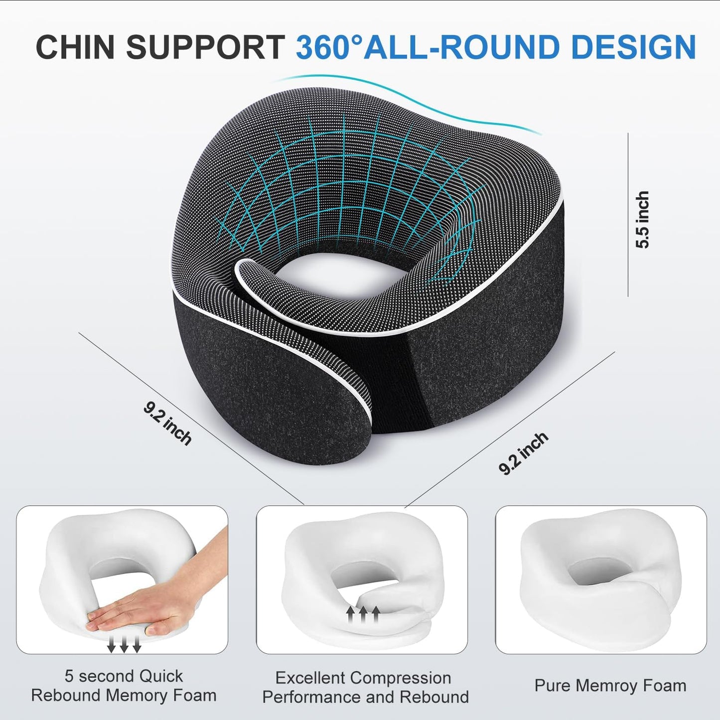 Travel Pillow, Best Memory Foam Neck Pillow Head Support Soft Pillow for Sleeping Rest, Airplane Car & Home Use (1Black)