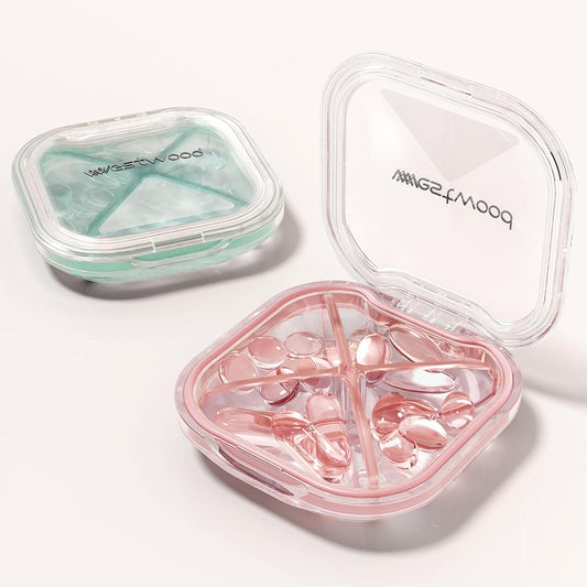 1 Pack Small Pink Pill Organizer, 4 Compartments, Compact Stylish Cute Travel Camping Pill Box Daily Medicine Pill Case, Portable and Moistureproof to Store Vitamins, Medication and Supplements