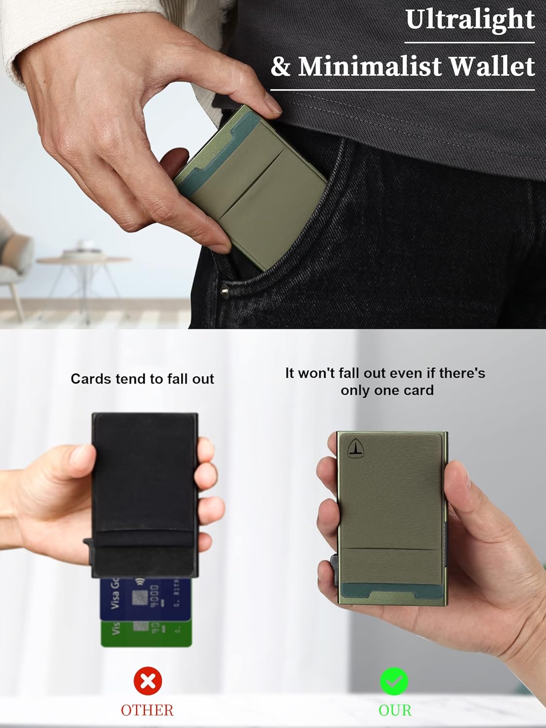 Slim Wallet for Men,Pop Up Credit Card Wallet Aluminum Minimalist RFID Blocking Smart Card Holder with Cash Slot for Front Pocket,6-12 Card Capacity, Green