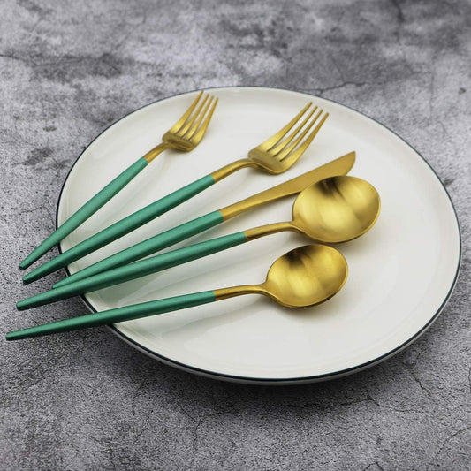 Green Handle Matte Gold Silverware, Gugrida 5-Piece 18/10 Stainless Steel Flatware Set, Kitchen Utensils, Tableware Travel Cutlery for Camping Office Lunch, Satin Finish, Dishwasher Safe