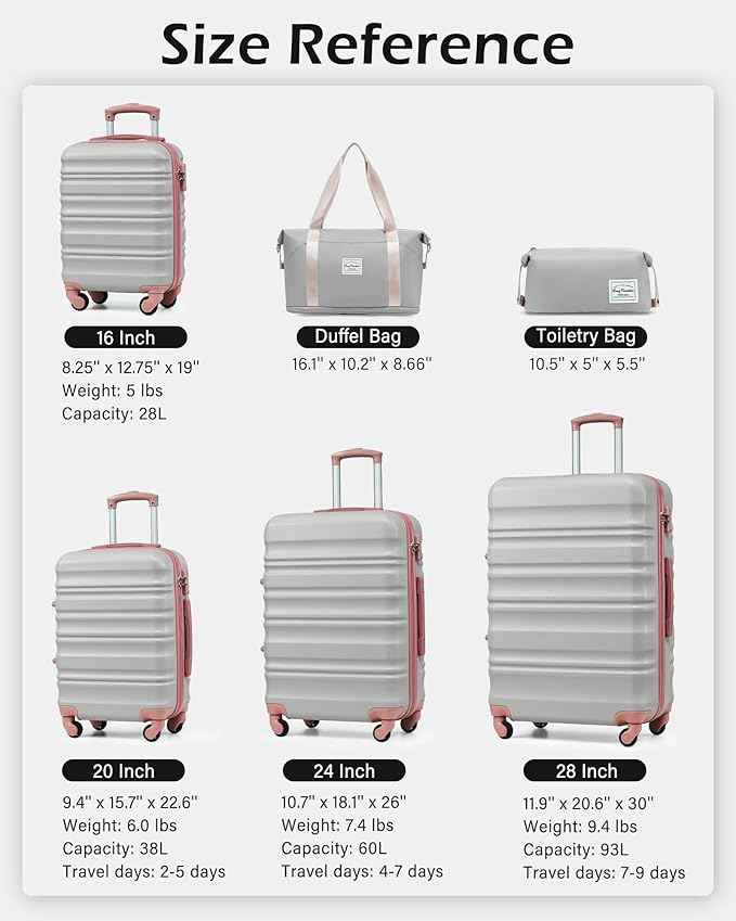 LONG VACATION 6 Piece Luggage Set Carry on Suitcase with ABS+PC hardshell, Spinner Wheels & YKK Zipper TSA Lock (GREY-PINK, 6 piece set)