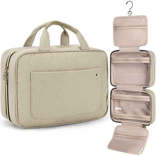 BAGSMART Toiletry Bag Travel Bag with Hanging Hook, Water-resistant Makeup Cosmetic Bag Travel Organizer for Accessories, Shampoo, Full-size Container, Toiletries (Camel, Medium)