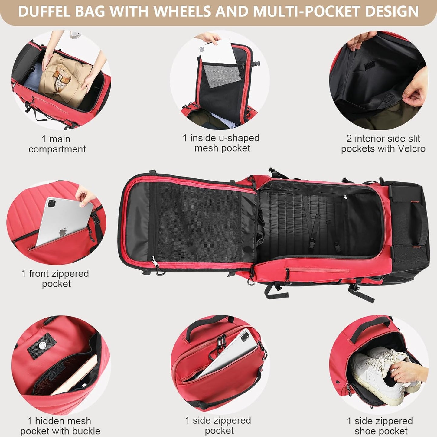 Vomgomfom 86L Collapsible Wheeled Luggage With Removable Backpack Straps,Waterproof Rolling Duffle Bag with Quilted Base,No Telescope Handle,Red - Roamly