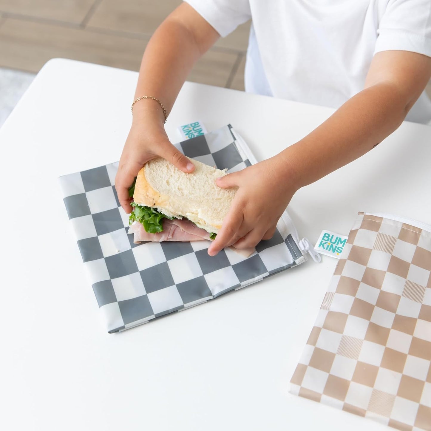 Bumkins Reusable Sandwich and Snack Bags, for Kids School Lunch and for Adults Portion, Washable Fabric, Waterproof Cloth Zip Bag, Travel Pouch, Food-Safe, Large 2-pk Check