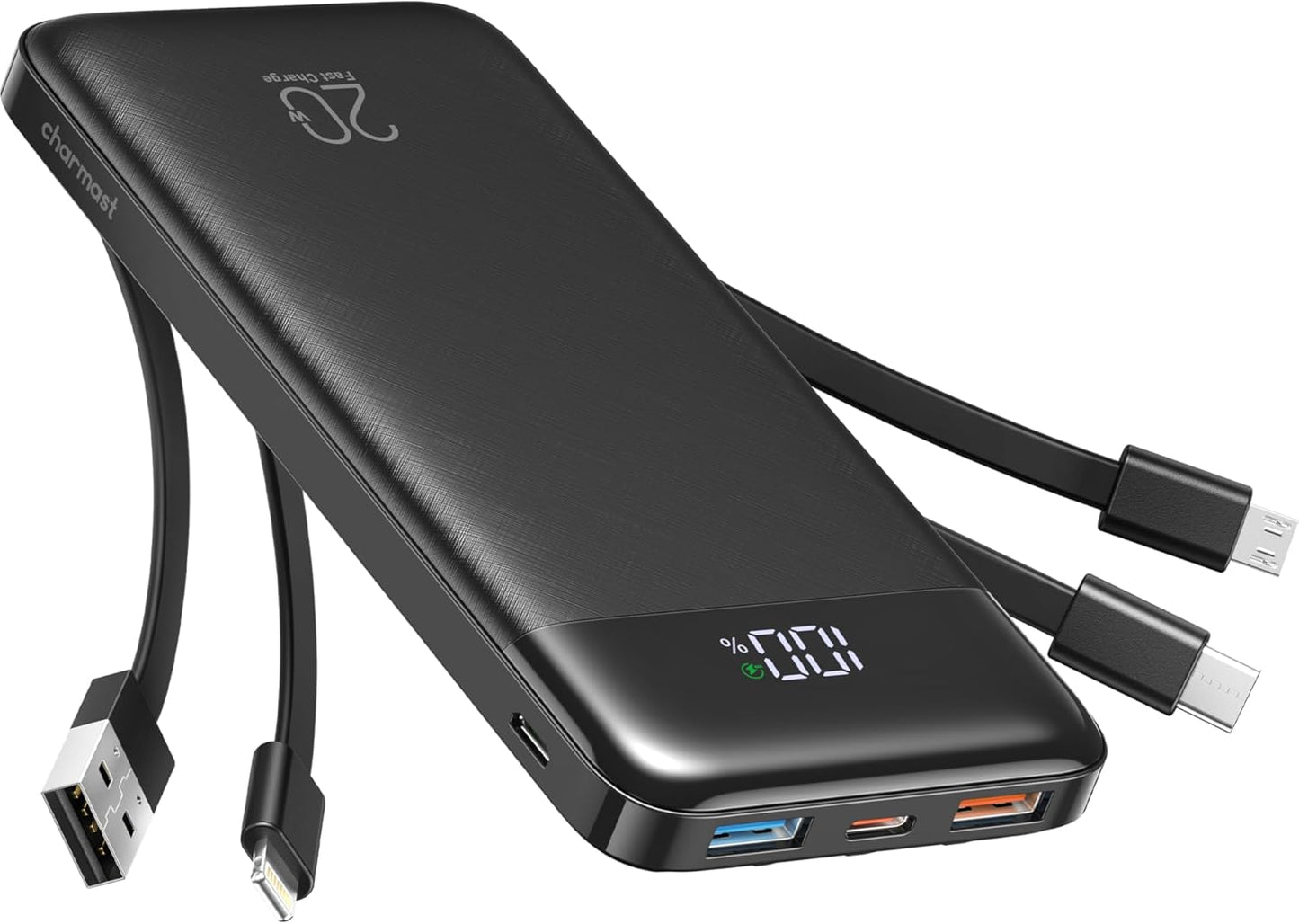 charmast 20000mAh Portable Charger with Built in Cables, 22.5W Travel Power Bank Fast Charging, USB C Cell Phone Battery Pack for iPhone 16/15/14/13/12/11 Series, iPad, Samsung, Android, Tablet - Roamly