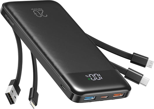charmast 20000mAh Portable Charger with Built in Cables, 22.5W Travel Power Bank Fast Charging, USB C Cell Phone Battery Pack for iPhone 16/15/14/13/12/11 Series, iPad, Samsung, Android, Tablet - Roamly