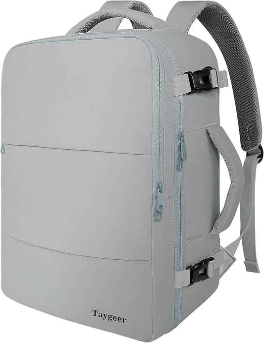 Taygeer Carry On Backpack for Men Women, Travel Backpack with Water Bottle Pocket & Shoe Pouch, Laptop Mochila 17.3inch Flight Approved, College Teacher Tote Bag for Business Travel, Grey