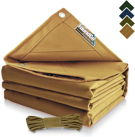 FoundGo 20x30ft Canvas Tarp 22 Mil Tarps 14 oz Canvas Tarpaulin Heavy Duty Cloth Water/UV Resistant Cover with Rustproof Grommets & Ropes for Cars,Roofs,Boats,Camps,Sunshades，Moisture Barrier -Tan