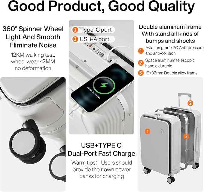 mixi Checked Luggage with Cup Phone Holder and Charger Hard Shell Suitcases with Spinner Wheels, 24 Inch Smoke White