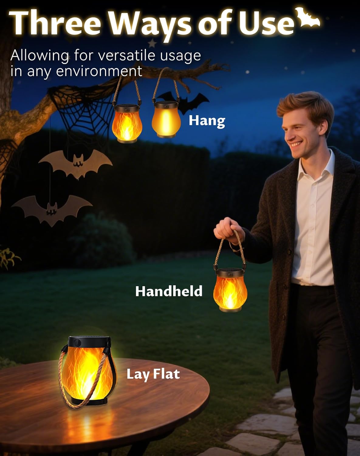 Kaliqo Solar Lantern Outdoor Lights - Official, Waterproof Kaliqo Solar Flame Lights Hangable with Dancing Flame, Hemp Rope Hanging Flame Lanterns,Dual Charging Modes, Smokeless (4pcs)
