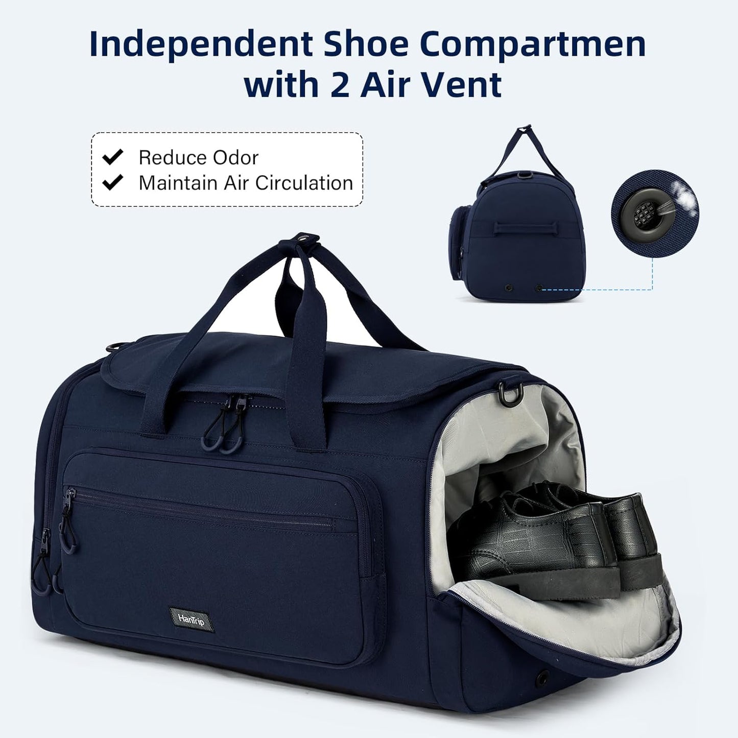 Large Travel Duffle Gym Bag with Shoe Compartment, Underseat Carry On Luggage Overnight Weekender Personal Item Workout Bags for Women Men (Navy Blue) - Roamly