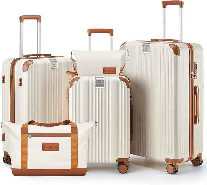 Luggage Set 3 Piece with Cup Holder,Hardshell TSA Lock Spinner Wheels Carry on Lightweight Suitcase，Hook and YKK Zippers for Valentine Gifts(Beige, 5 piece sets(20/24/28/DB/TB))