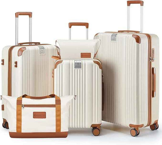 Luggage Set 3 Piece with Cup Holder,Hardshell TSA Lock Spinner Wheels Carry on Lightweight Suitcase，Hook and YKK Zippers for Valentine Gifts(Beige, 5 piece sets(20/24/28/DB/TB))