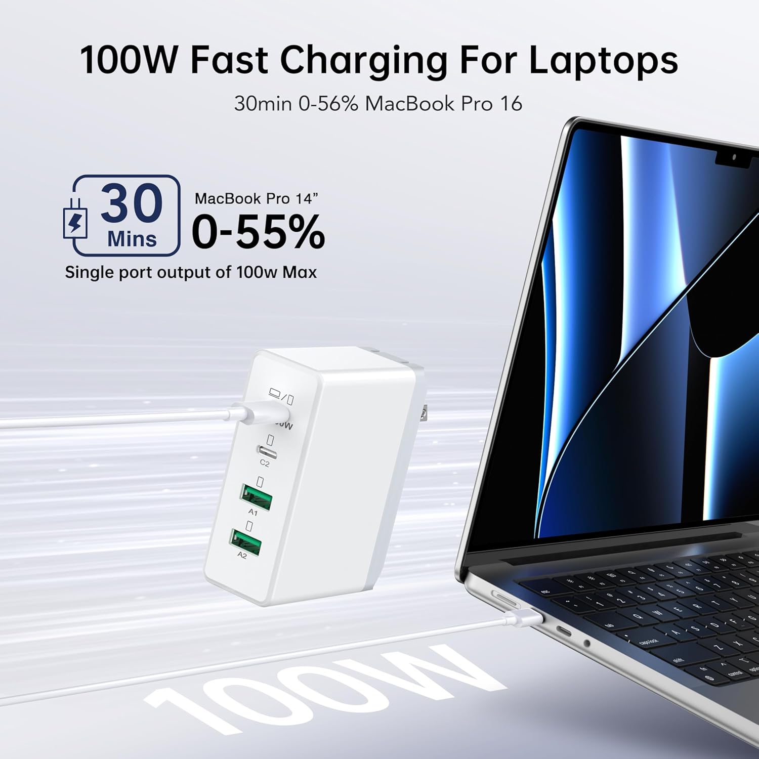 140W Mac Book Pro Charger,4 Port Flat Charging Station for Apple Type c Fast Wall Charger,USB C Port MacBook Pro &MacBook Air Adapter Plug Block for iPhone 16/15/14/13Pro Max, iPad, AirPods 4,Samsung - Roamly