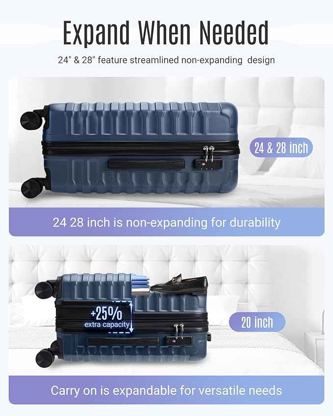 LIGHT FLIGHT Luggage Sets, 3 Piece Durable Suitcase Set with Spinner Wheels, 3 Pcs Hard Shell Lightweight Luggage with TSA Lock, Large Checked Travel Suitcases, 20/24/28 Inch,Blue/Brown