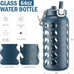 MUKOKO 64oz Glass Water Bottles with Straw and Lid,Half Gallon Water Bottle with Time Marker,Large Glass Water Jug with Silicone Sleeve and Stainless Steel Handle-Blue