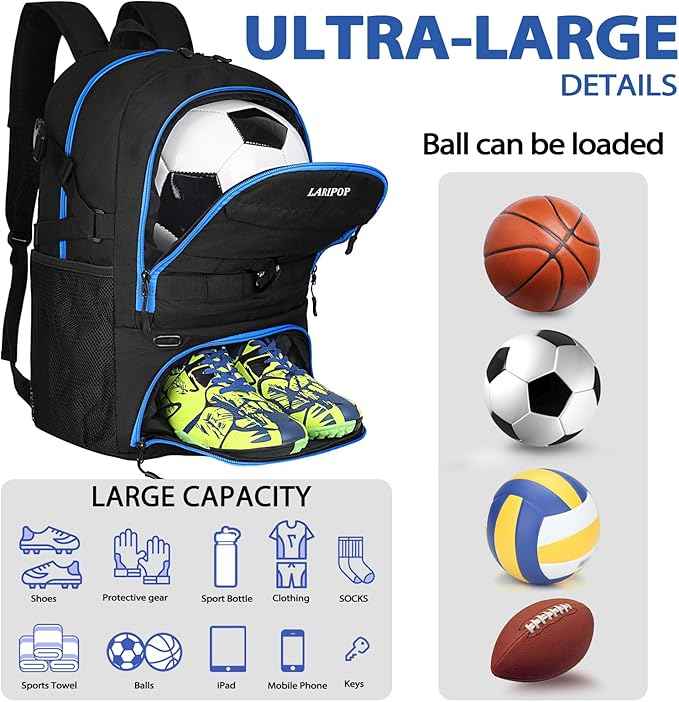 LARIPOP Soccer Backpack Soccer Bag with Ball Holder & Shoe Compartment Youth Sports Equipment Training Bag