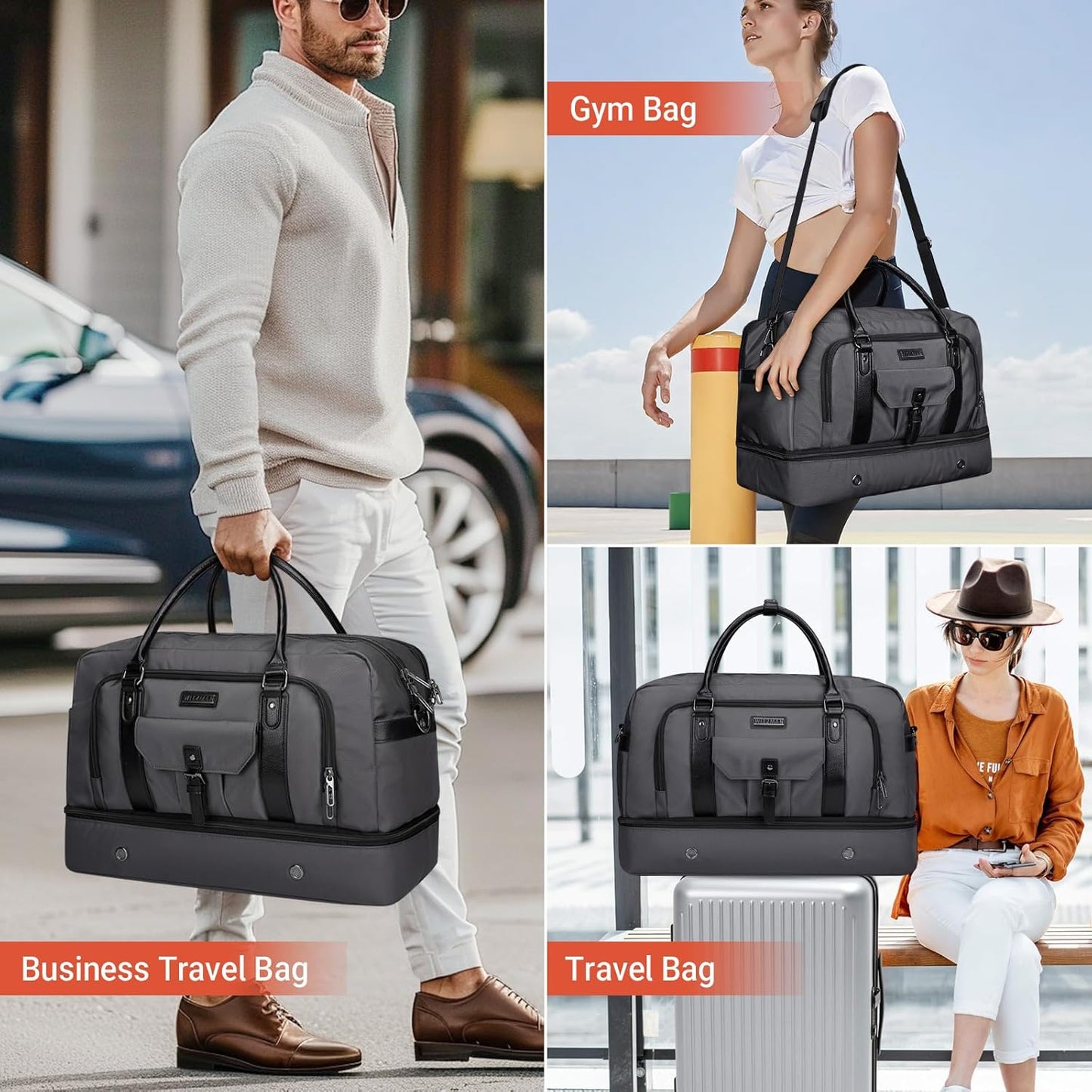 WITZMAN Weekender Bags for Men Women Carry On Duffle Overnight Bag with Toiletry Bag Sets Travel Duffel Bag Shoes Compartment （B694 Silvery Grey） - Roamly