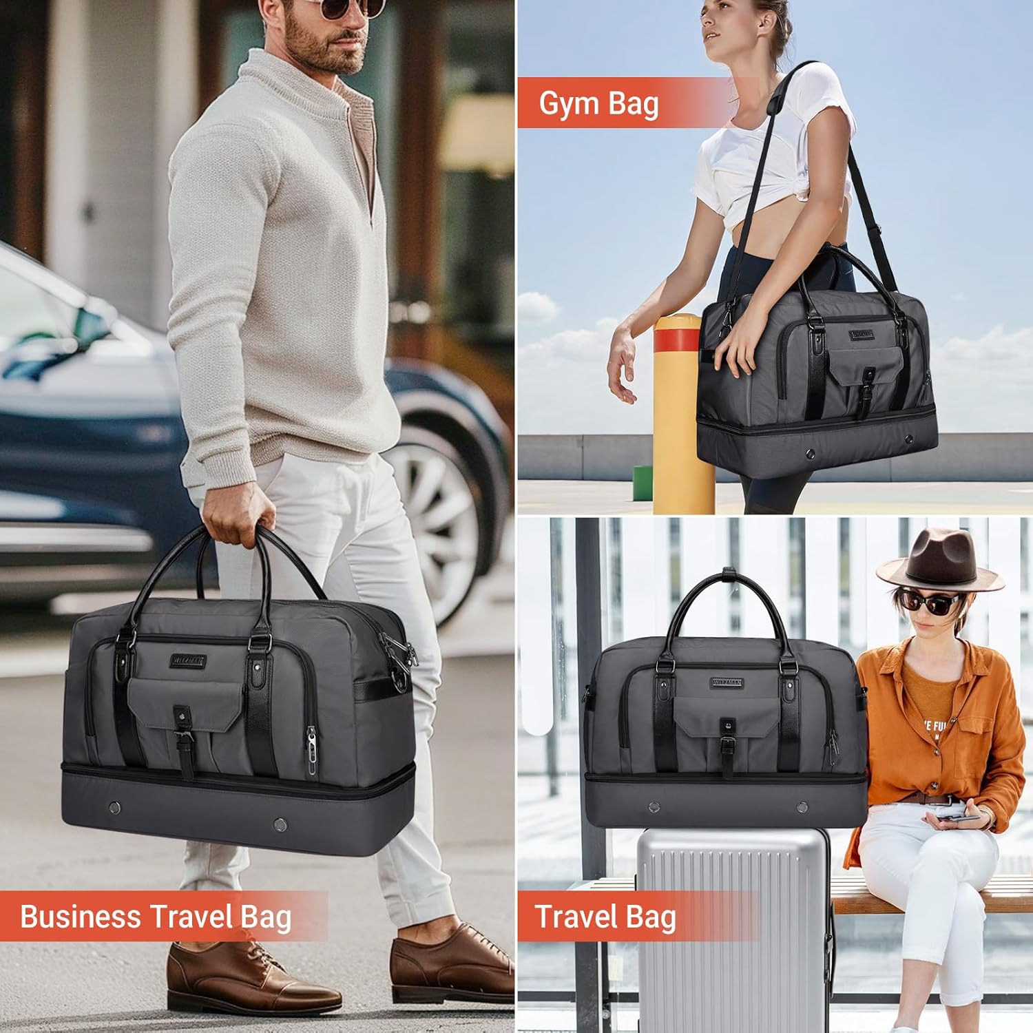 WITZMAN Weekender Bags for Men Women Carry On Duffle Overnight Bag with Toiletry Bag Sets Travel Duffel Bag Shoes Compartment （B694 Silvery Grey） - Roamly