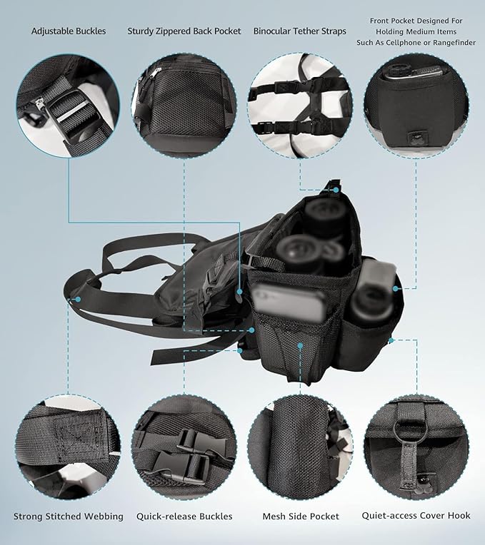 GAIARENA Waterproof Binocular Harness Chest Pack, Bino Harness Case with Rangefinder & Cellphone Pocket for 12x42 Binoculars Lightweight Binocular Pack for Hunting, Hiking (New Version)