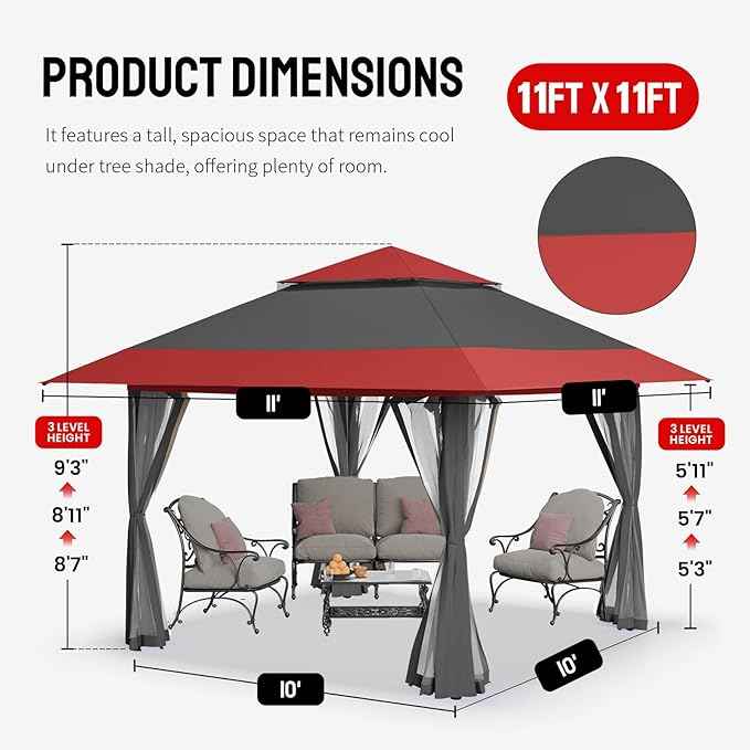 CROWN SHADES 11x11 Pop Up Gazebo, Patented One Push Outoor Canopy Tent with Wheeled STO-N-Go Cover Bag, Pop Up Canopy with Netting for Patio, Backyard (11x11, Red &Grey)