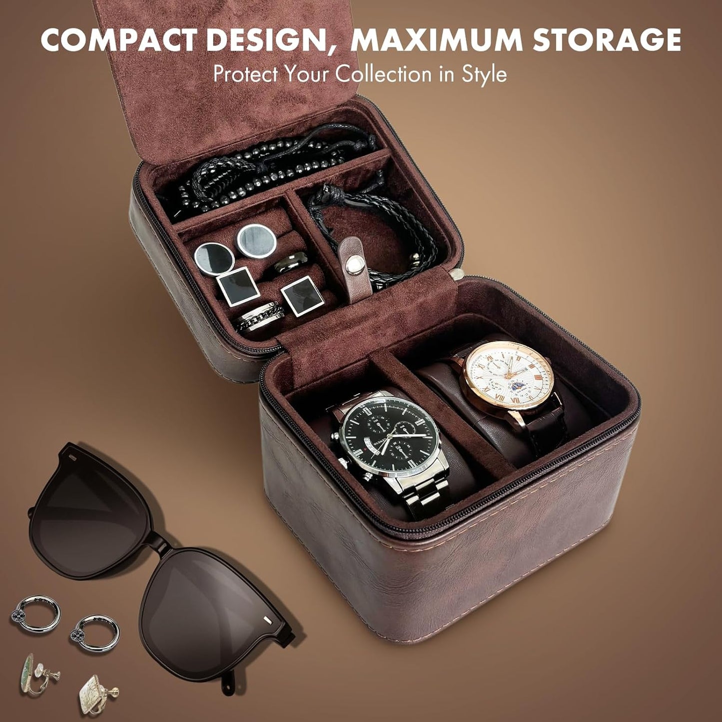 TSA-Friendly 2 Slot Watch Travel Case for Men, (Fits 7-8" Wrists) Carry-On Ready with Removable Pillows & Airplane Protection, Leather Jewelry Organizer for Wristwatches, Rings, Cufflinks (Brown)