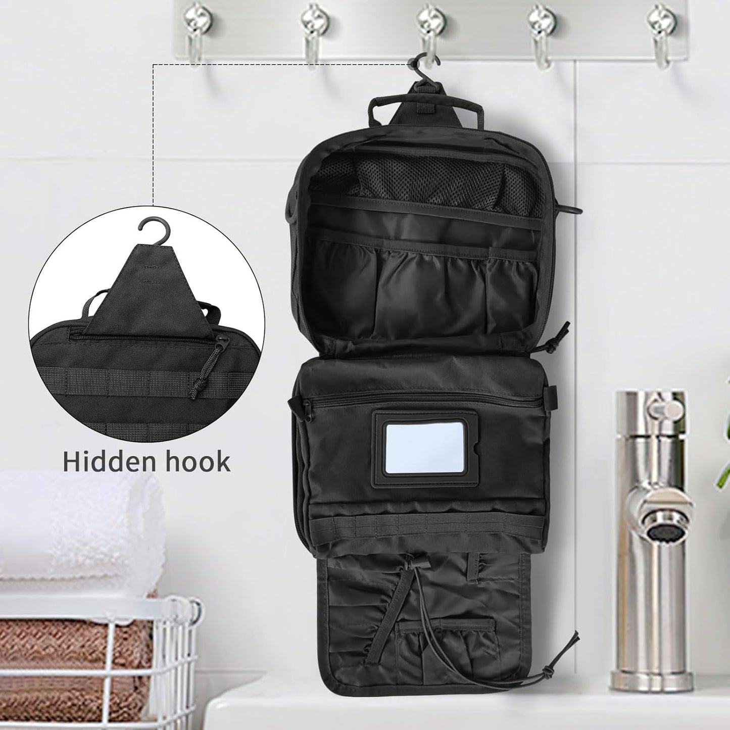 Travel Toiletry Bag for Men,Hanging Hook Toiletry Bag, Spacious Portable Organizer Dopp Kit Shaving Bag for Toiletries Makeup Accessories Tactical Essentials - Black - Roamly