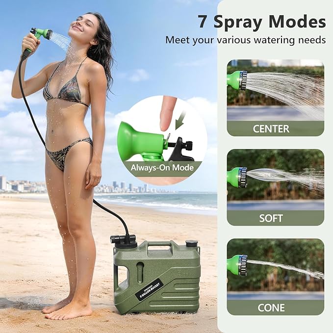 SPACEREST Integrated Camping Shower – Spill Resistant, Electric Portable Shower for Camping with 5 Gallon Food-Grade Water Jug, Easy to Store for Hiking, Beach, 7-Mode Shower Head, IPX7 Waterproof