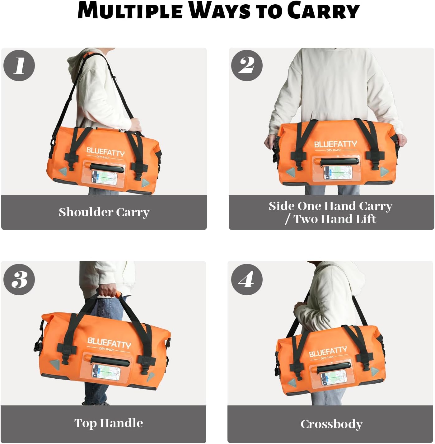 Waterproof Motorcycle Duffel Bag Roll Top Dry Duffel Bag with Quick-fixed Straps for Rafting, Boating, Kayaking, Travel, 50L(Orange) - Roamly