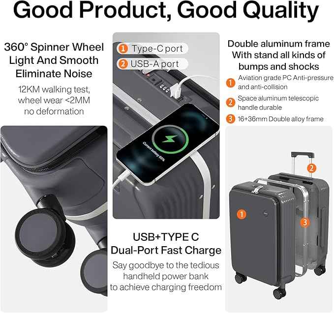 mixi 2-Piece Luggage Sets with Cup Phone Holder and Charger Hard Shell Suitcases with Spinner Wheels, 20+26 Rock Gray