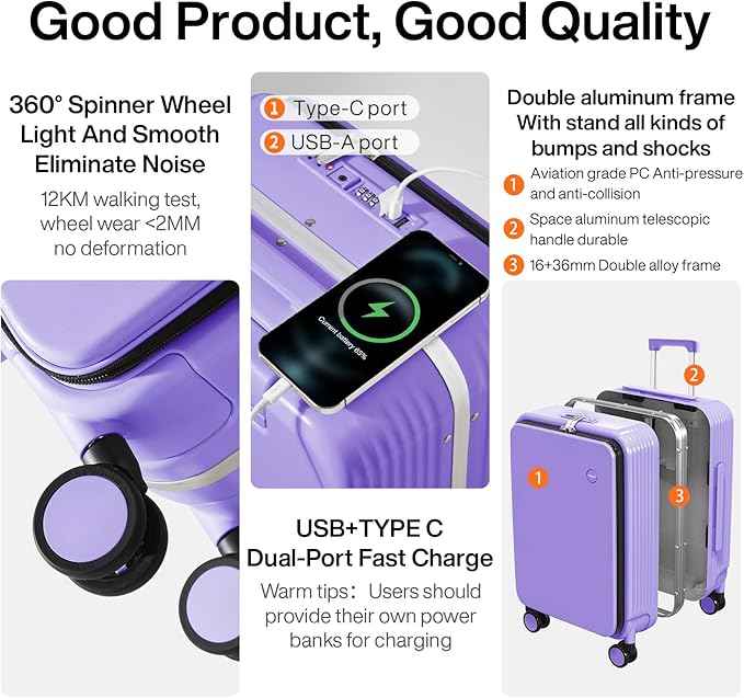 mixi Large Checked Luggage with Cup Phone Holder and Charger Hard Shell Suitcases with Spinner Wheels, 24 Inch Lilac Purple
