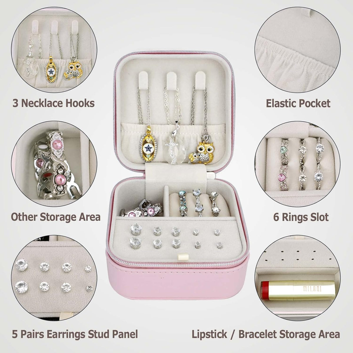Travel Small Portable Mini Jewelry Box for Rings Earrings Necklaces and Lipstick Pink